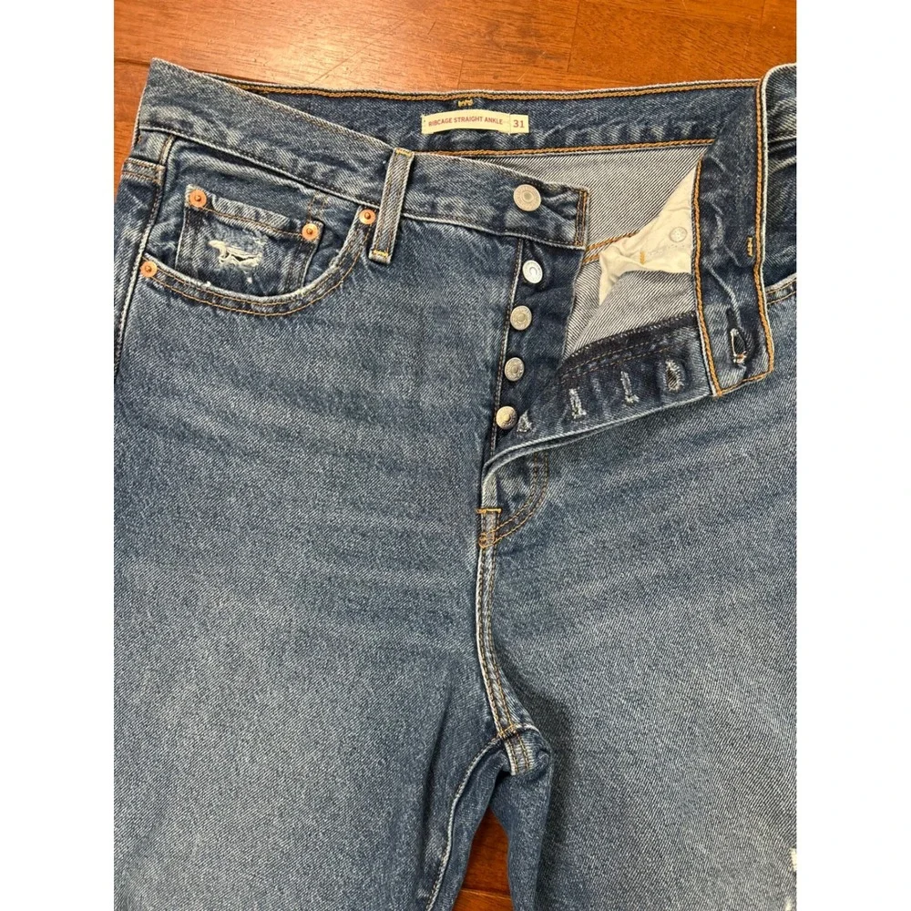 Levi's Ribcage Straight Ankle Jeans Womens 31 Blue Distressed High Rise Denim